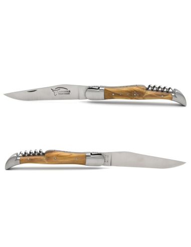 Laguiole pliant 12 cm, lame & tire-bouchon, manche fin en bois d'olivier avec 2 mitres en inox mat