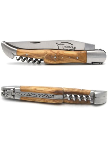 Laguiole pliant 12 cm, lame & tire-bouchon, manche fin en bois d'olivier avec 2 mitres en inox mat