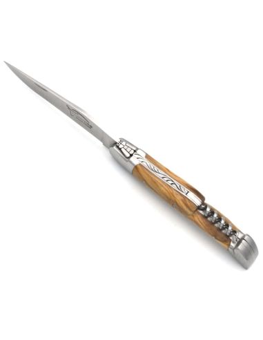 Laguiole pliant 12 cm, lame & tire-bouchon, manche fin en bois d'olivier avec 2 mitres en inox mat