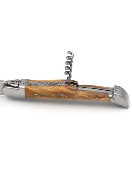 Laguiole pliant 12 cm, lame & tire-bouchon, manche fin en bois d'olivier avec 2 mitres en inox mat