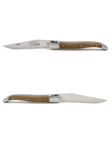 Couteau de Laguiole labellisé indication géographique en pointe de corne claire, manche de 12 cm, lame seule, inox mat