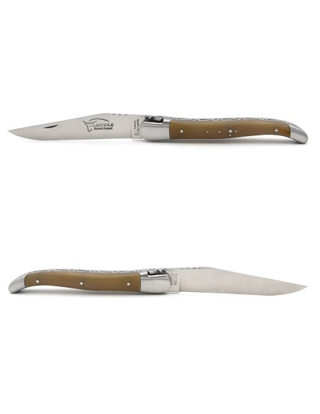 Couteau de Laguiole labellisé indication géographique en pointe de corne claire, manche de 12 cm, lame seule, inox mat
