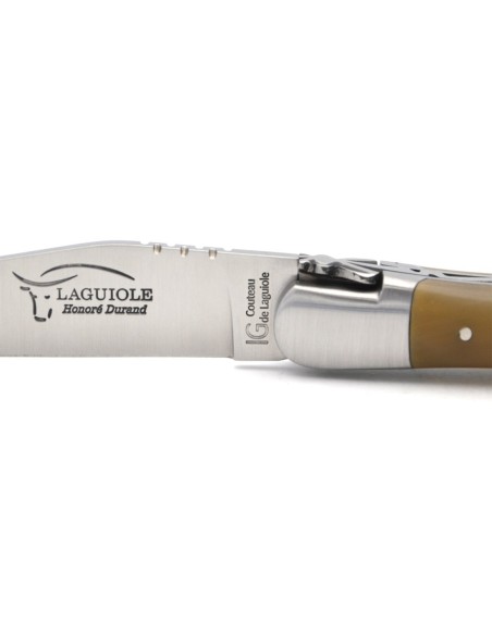 Couteau de Laguiole labellisé indication géographique en pointe de corne claire, manche de 12 cm, lame seule, inox mat