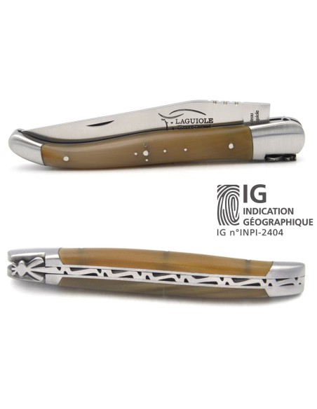 Couteau de Laguiole labellisé indication géographique en pointe de corne claire, manche de 12 cm, lame seule, inox mat