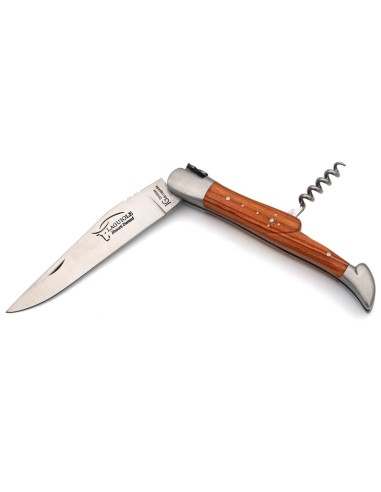 Laguiole pliant 12 cm, lame & tire-bouchon, manche galbé en bois de rose avec 2 mitres en inox mat