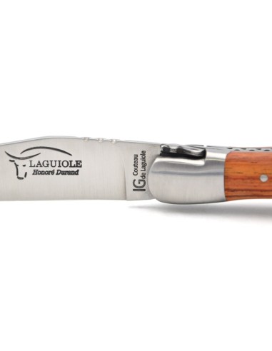 Laguiole pliant 12 cm, lame & tire-bouchon, manche galbé en bois de rose avec 2 mitres en inox mat