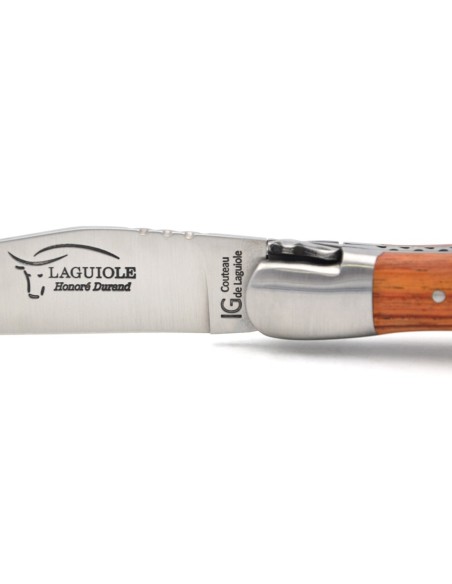 Laguiole pliant 12 cm, lame & tire-bouchon, manche galbé en bois de rose avec 2 mitres en inox mat