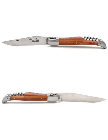 Laguiole pliant 12 cm, lame & tire-bouchon, manche galbé en bois de rose avec 2 mitres en inox mat