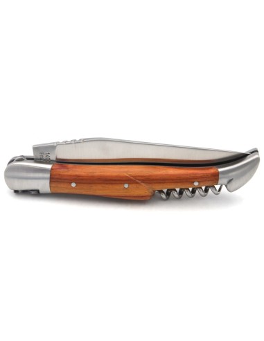 Laguiole pliant 12 cm, lame & tire-bouchon, manche galbé en bois de rose avec 2 mitres en inox mat