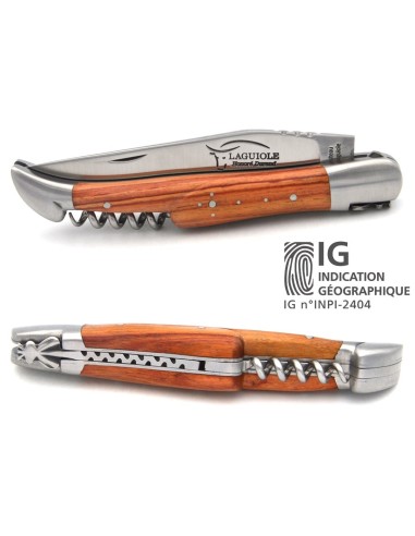 Laguiole pliant 12 cm, lame & tire-bouchon, manche galbé en bois de rose avec 2 mitres en inox mat