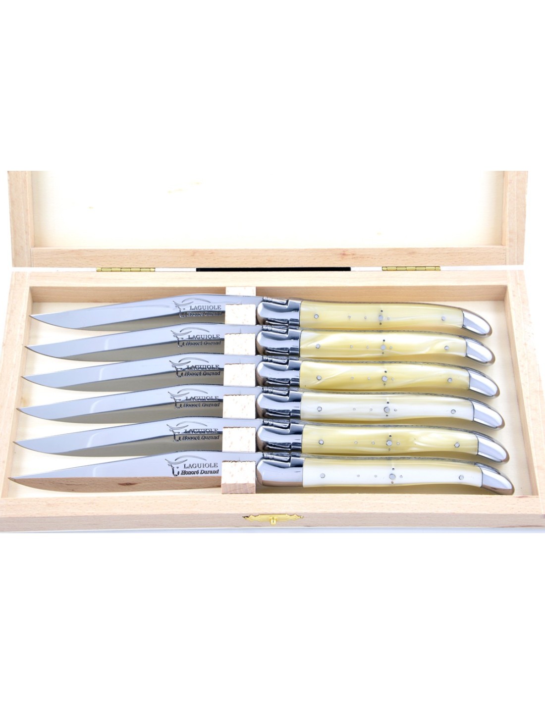 Coffret de 6 couteaux de table Laguiole avec mitres inox brillant, manche  galbé en bois divers