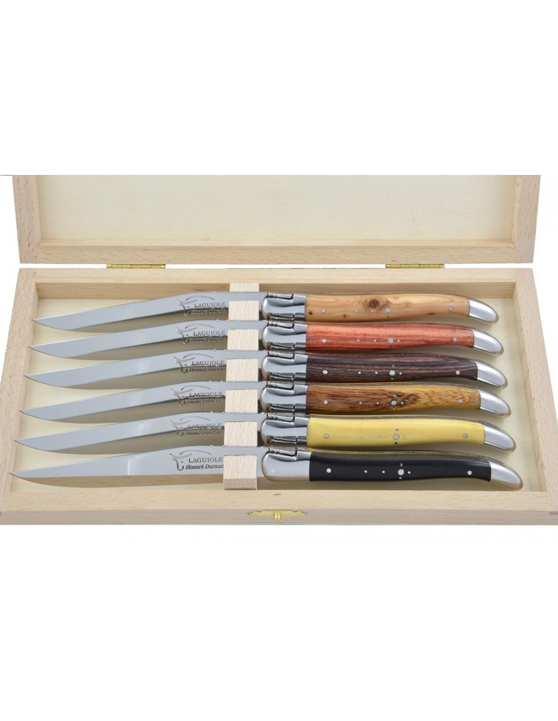 Coffret de 6 couteaux de table Laguiole avec mitres inox brillant, manche  galbé en bois divers
