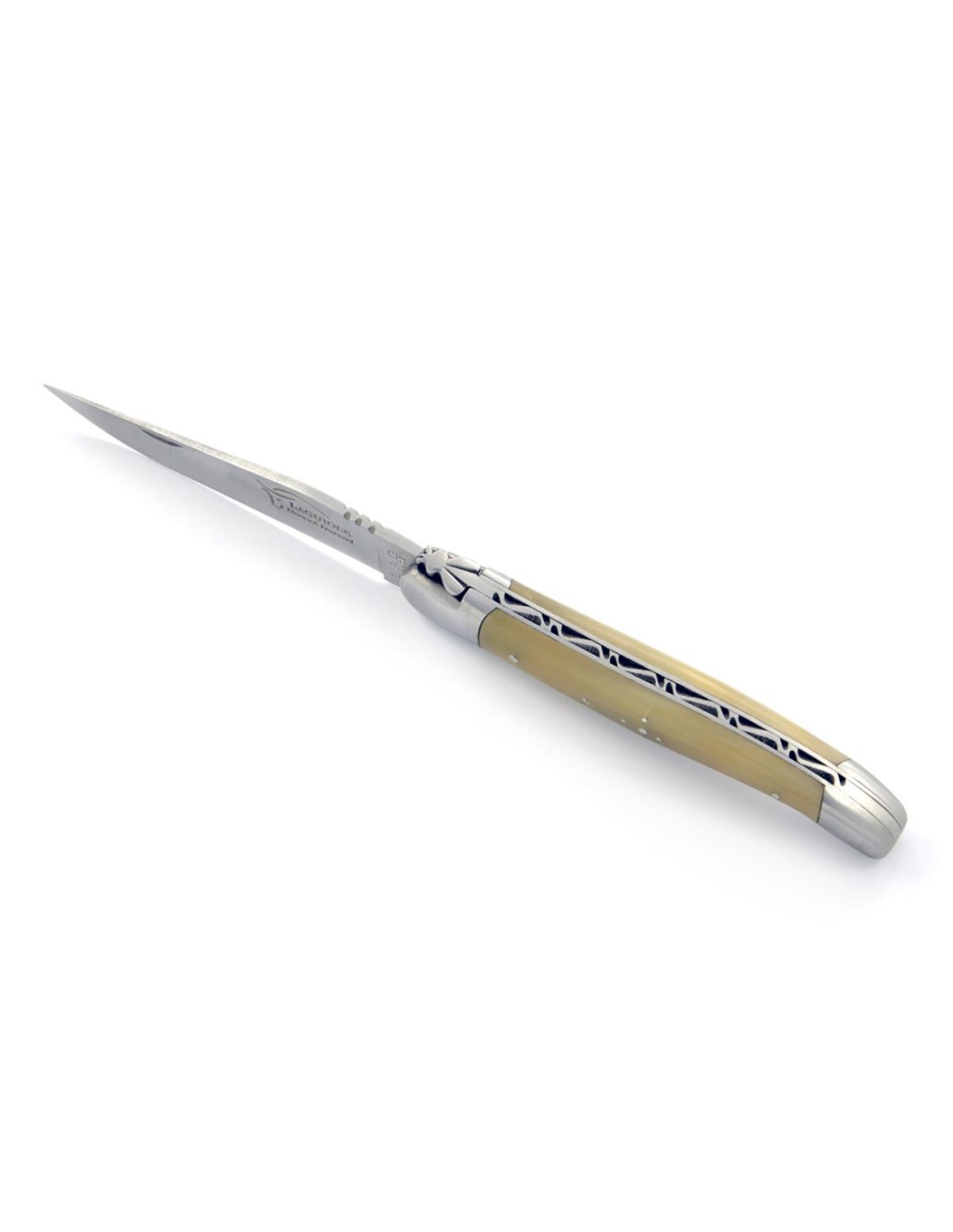 Laguiole pliant 12 cm, manche galbé en pointe de corne claire avec