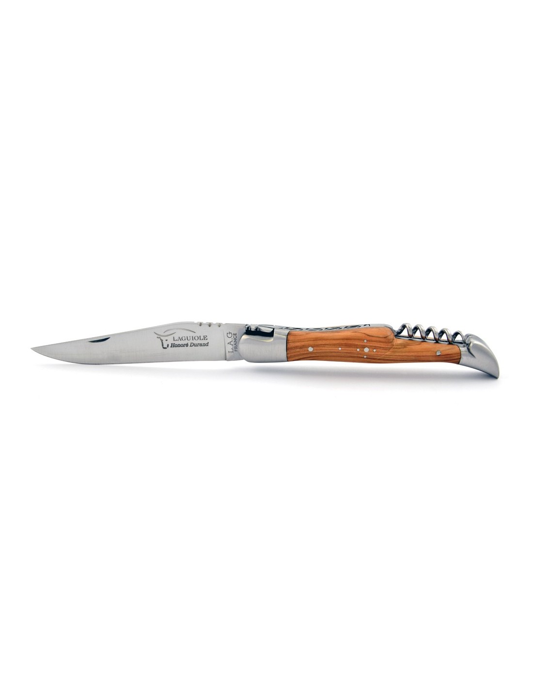 Laguiole pliant 12cm, manche en olivier, lame et tire-bouchon Longueur du  manche 12 cm Lame Inox 14C28N Abeille Abeille forgée Mitres 2 mitres inox  mat Modèles Lame et tire-bouchon Finition ciselage Sans